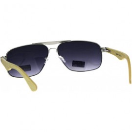 Rectangular Mens Narrow Metal Pilots Officer Bamboo Wood Arm Sunglasses - Silver Smoke - CJ180AOCL9C $16.33