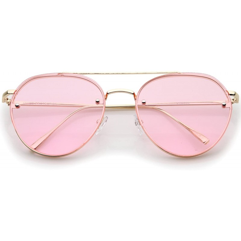 Modern Slim Temples Brow Bar Rimless Colored Flat Lens Aviator Sunglasses 59mm Gold Pink