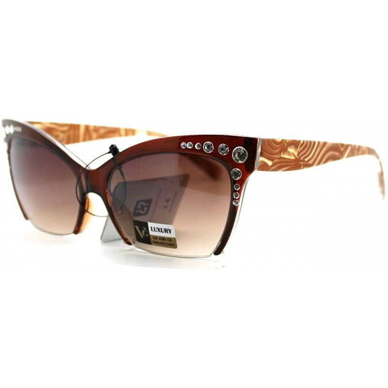 Oversized Womens Cropped Shaved Cateye Sunglasses Rhinestone & Marble Frame - Brown - CP123PYLVP7 $7.78