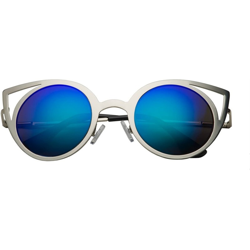 Round Womens Fashion Round Metal Cut Out Cat Eye Sunglasses - Silver - Blue/Green Mirror - CF12EPI2SBN $12.21