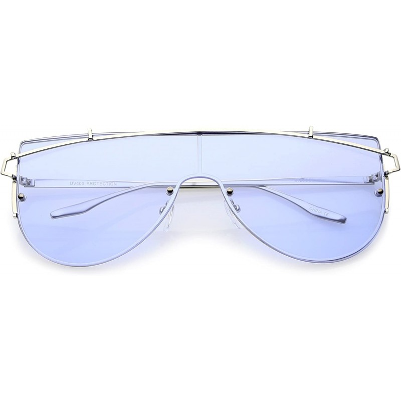 Oversized Futuristic Rimless Metal Crossbar Colored Mono Lens Shield Sunglasses 62mm - Silver / Blue - C812ODA5C2L $14.02