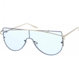 Oversized Futuristic Rimless Metal Crossbar Colored Mono Lens Shield Sunglasses 62mm - Silver / Blue - C812ODA5C2L $14.02