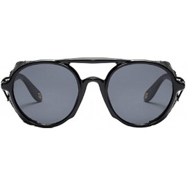 Round Women's Retro Classic Round Plastic Frame Sunglasses With Leather - Bright Black Gray - CY18W9KM4KE $21.46