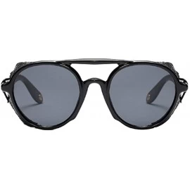 Round Women's Retro Classic Round Plastic Frame Sunglasses With Leather - Bright Black Gray - CY18W9KM4KE $21.46