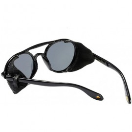 Round Women's Retro Classic Round Plastic Frame Sunglasses With Leather - Bright Black Gray - CY18W9KM4KE $21.46