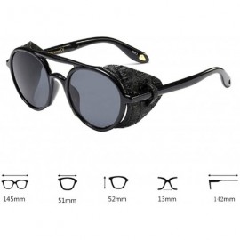 Round Women's Retro Classic Round Plastic Frame Sunglasses With Leather - Bright Black Gray - CY18W9KM4KE $21.46