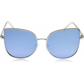 Cat Eye Oversize Slim Metal Frame Colored Mirror Flat Lens Cat Eye Sunglasses 58mm - Shiny Silver / Blue Mirror - CL12LCFX087...