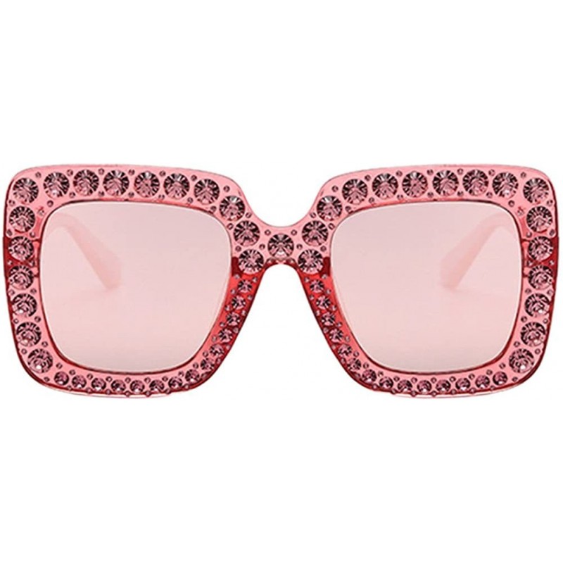 Square Women Oversized Square Large Frame Bling Rhinestone Vintage Sunglasses - Pink Frame & Pink Lens - CL18CX2IO53 $15.82