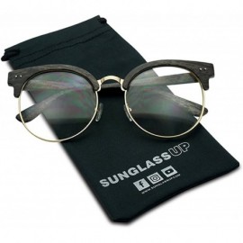 Rimless Round Wood Print Oversized Half Frame Gold Metal Clear Flat Lens Eye Glasses - Grey - CX12O6N7N0N $10.78