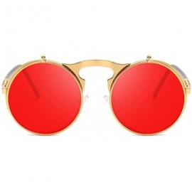 Aviator Round Sunglasses for Men Women 90's Retro Steampunk Style Flip Up Circle Sunglasses - Gold Frame/Red Lens - CG18Z75NY...