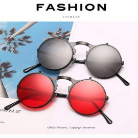 Aviator Round Sunglasses for Men Women 90's Retro Steampunk Style Flip Up Circle Sunglasses - Gold Frame/Red Lens - CG18Z75NY...