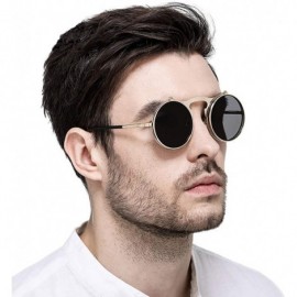 Aviator Round Sunglasses for Men Women 90's Retro Steampunk Style Flip Up Circle Sunglasses - Gold Frame/Red Lens - CG18Z75NY...