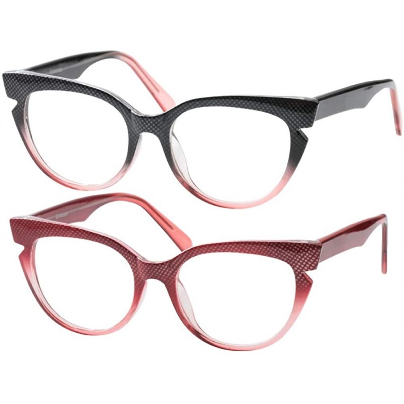 Round Womens Hit Color Grid Pattern Cat Eye Reading Glass Eyeglass Frame - 2 Pairs / Black + Red - CC18IHUXUZI $19.98