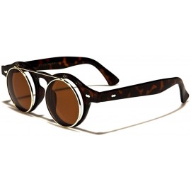 Round Retro Round Flip Up Steampunk Sunglasses - Brown Tortoise & Gold Frame - CQ185CDZDU9 $11.62