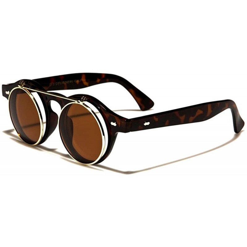 Round Retro Round Flip Up Steampunk Sunglasses - Brown Tortoise & Gold Frame - CQ185CDZDU9 $11.62