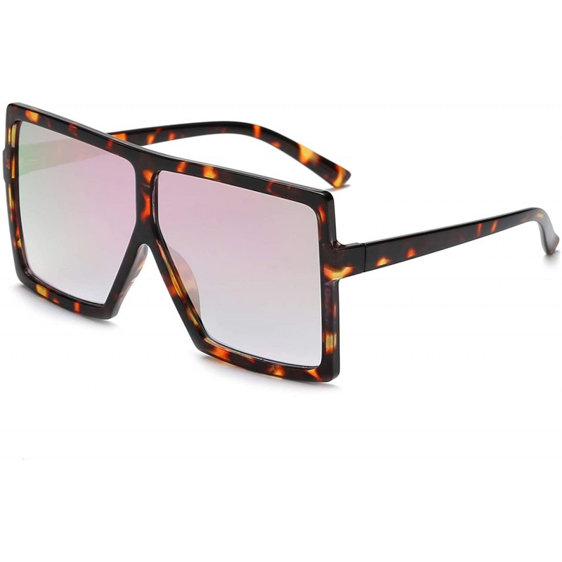 Oversized Square Oversized Sunglasses for Women Men Flat Top Fashion Shades - Leopard Frame- Pink Mirror - CM18ST3HMNC $8.04