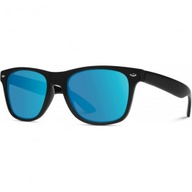 Square Square Horn Rimmed Soft Matte Frame Mirrored Lens Retro Sunglasses - Black Frame / Mirror Blue Lens - C0124WB1F0D $13.27