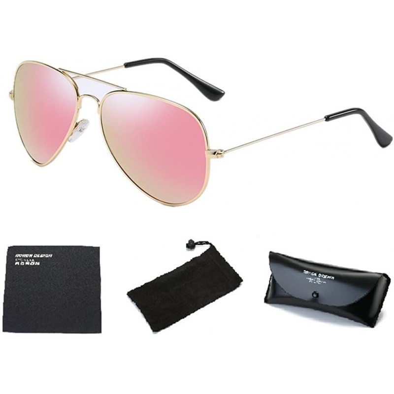 Aviator Premium Military Style Classic Polarized UV400 Aviator Sunglasses for Men Women with Sun Glasses Case - Gold/Pink - C...