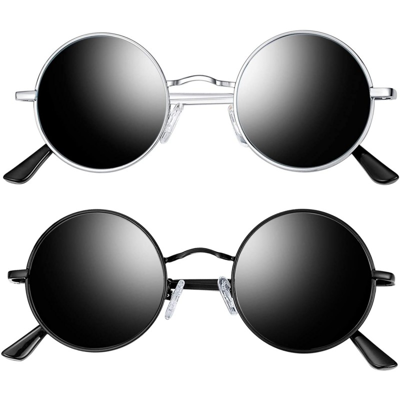 Round Polarized Lennon Round Sunglasses Women Men Circle Hippie Sun Glasses - 2 Pack (Black+ Silver) - C118W2LRE76 $15.62