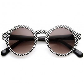 Round Vintage Inspired Round Circle Native Print Horned Rim Sunglasses (Native-Print B&W Smoke) - CK11DTB0N79 $10.93