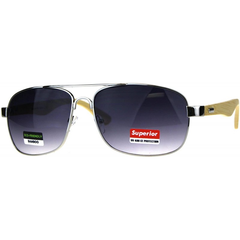 Rectangular Mens Rectangular Metal Pilots Officer Bamboo Wood Arm Sunglasses - Silver Light Wood - C4180ANKES3 $15.31