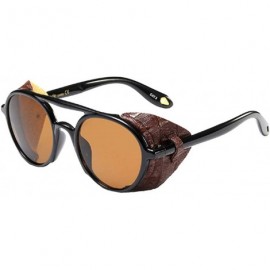 Round Women's Retro Classic Round Plastic Frame Sunglasses With Leather - Bright Black Brown - CN18WE6MXHD $17.58