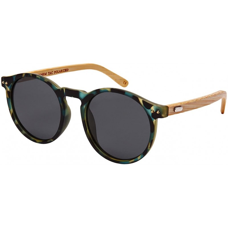 Sport Round Horn Rimed Bamboo Sunglasses Wood Women Polarized Lens 541006BM-FLP - Matte Blue Tortoise - CP183XK3UQZ $10.98