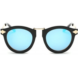 Round Women's Fashion Round Cat Eye Sunglasses Flash Mirror Lens Metal Frame UV400 - Black/Blue - CP12IACCIBJ $23.20