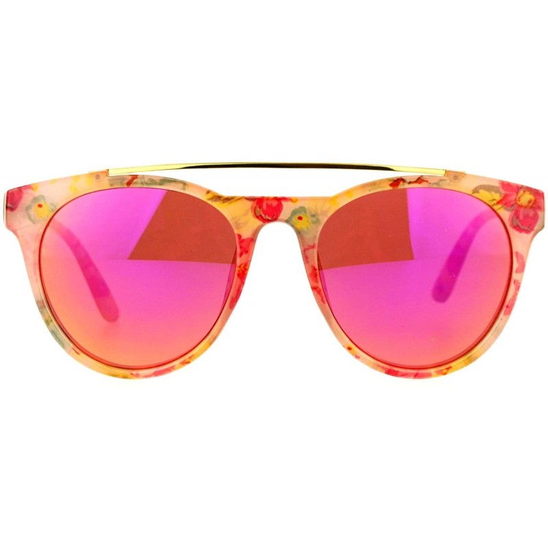 Aviator Floral Flower Print Womens Sunglasses Retro Metal Top Bar Round Aviator - Pink Florals (Pink Mirror) - CQ188G3D8D7 $9.00