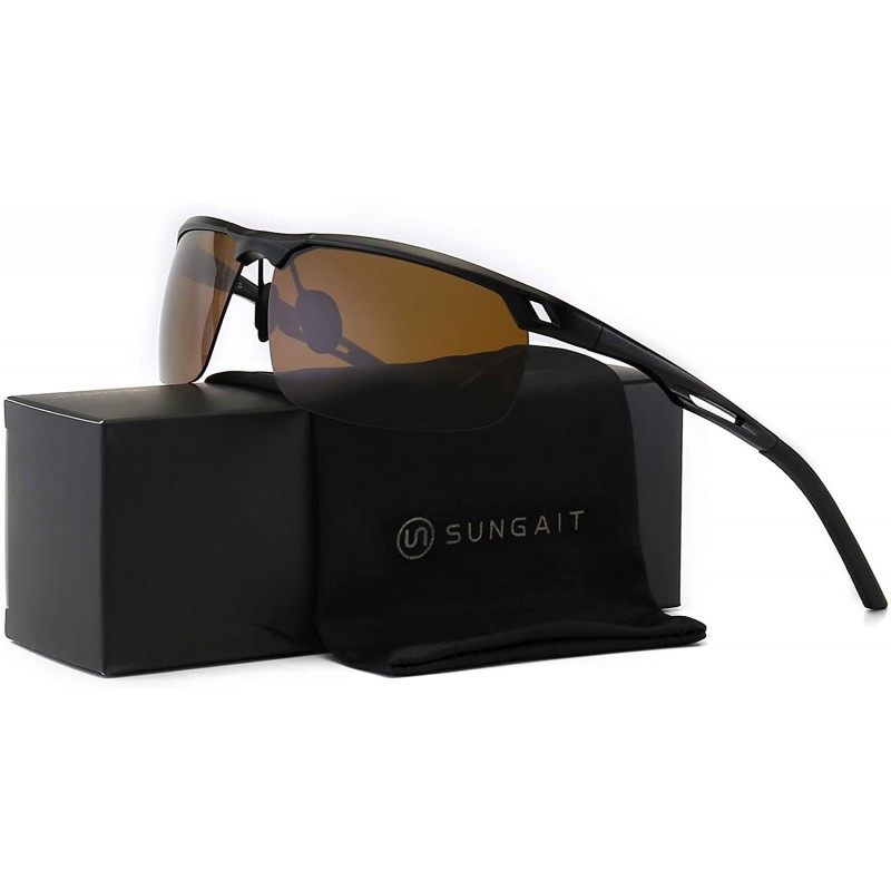 Sport HD Polarized Sunglasses for Men- Al-Mg Metal Frame-Driving Fishing UV400 - Black Frame/Brown Lens - CK18RNMX8SR $21.37