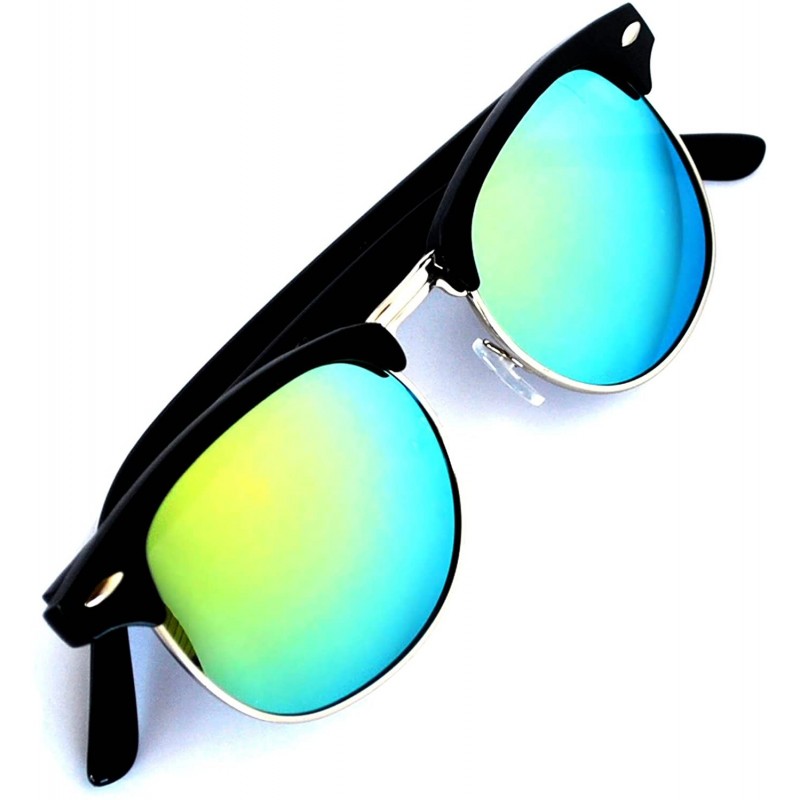 Round Retro Classic Sunglasses Metal Half Frame With Colored Lens Uv 400 - Mirror-sil-yellow - CF12MWAVY1Y $7.54