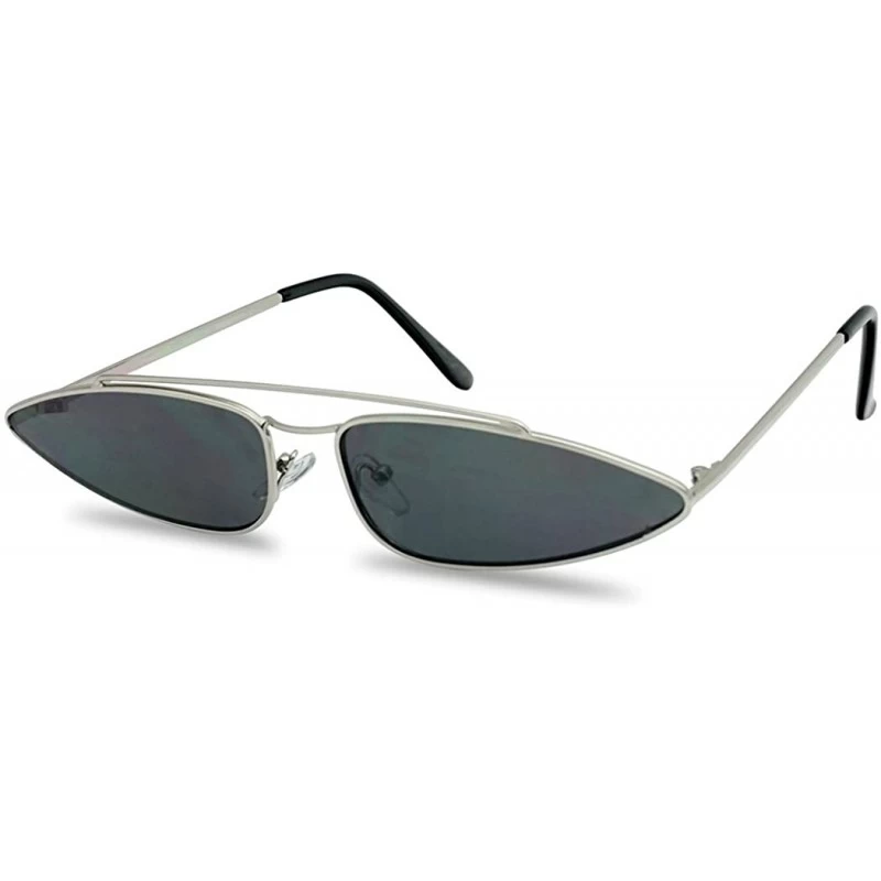 Ultra Slim Retro 90s Skinny Wide Oval Sun Glasses Narrow Metal Crossbrow Cateye Shades Silver 