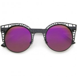 Cat Eye Women's Metal Cut Out Frame Colored Mirror Lens Round Cat Eye Sunglasses 48mm - Black / Purple Mirror - CR12KUKNEIV $...